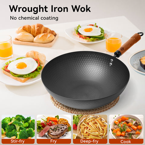 WANGYUANJI 12.6-Inch Wok Pan with Lid, Flat Bottom Wok with Detachable Wooden Handle, Compatible with All Stovetops