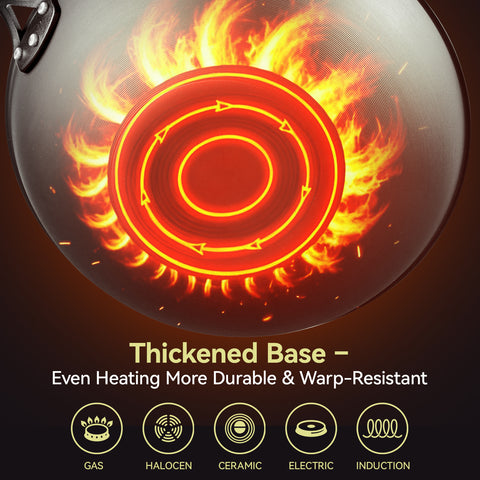 WANGYUANJI 12.6 Inch Iron Wok with Glass Lid, Flat Bottom Stir Fry Pan with Wooden Handle, Non-Coated Naturally Nonstick Skillet, Traditional Chinese Wok for Gas, Electric & Induction Cooking