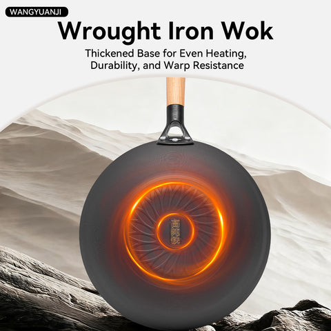 WANGYUANJI 11.8 Inch Iron Wok with Glass Lid, Flat Bottom Stir Fry Pan with Wooden Handle, Non-Coated Naturally Nonstick Skillet, Traditional Chinese Wok for Gas, Electric & Induction Cooking