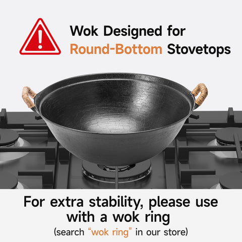 WANGYUANJI 11.8 Inch Handmade Cast Iron Wok with Dual Handles, Small Round-Bottom Chinese Wok for 1–2 Servings, Uncoated Stir Fry Pan for Gas Stoves & Open Flame Cooking