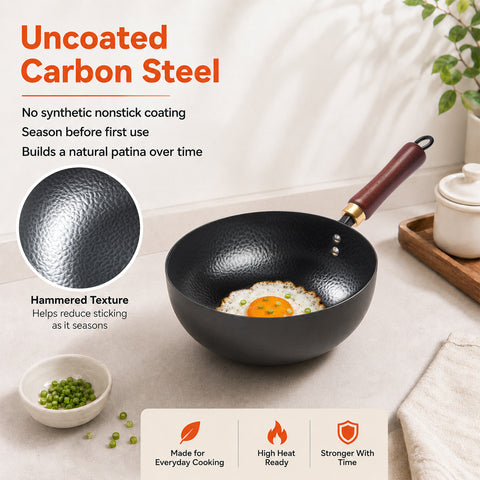 WANGYUANJI 8 Inch Hammered Iron Stir Fry Pan for 1–2 Servings, Removable Beechwood Handle, Traditional Small Wok for Searing, Sautéing, Stir-Frying – Non-Coated, Stovetop Compatible