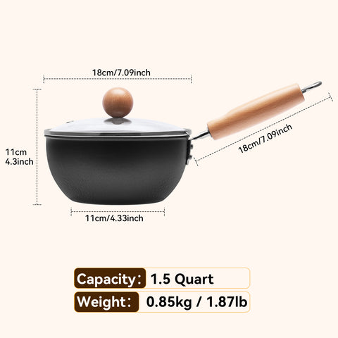 WANGYUANJI 7.1 Inch Hammered Cast Iron Saucepan with Glass Lid, Removable Beechwood Handle, Small Milk Pot for Boiling, Simmering, Heating – Non-Coated, Stovetop Compatible