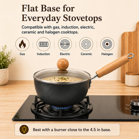 WANGYUANJI 7.1 Inch Hammered Cast Iron Saucepan with Glass Lid, Removable Beechwood Handle, Small Milk Pot for Boiling, Simmering, Heating – Non-Coated, Stovetop Compatible