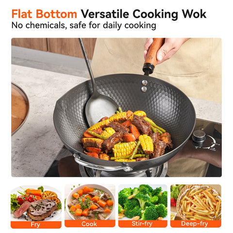 WANGYUANJI 12.6" Iron Wok with Lid and Iron Spatula, Nonstick Flat Bottom Stir Fry Pan for Induction, Gas & Electric Stovetops