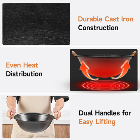 WANGYUANJI 11.8 Inch Handmade Cast Iron Wok with Dual Handles, Small Round-Bottom Chinese Wok for 1–2 Servings, Uncoated Stir Fry Pan for Gas Stoves & Open Flame Cooking