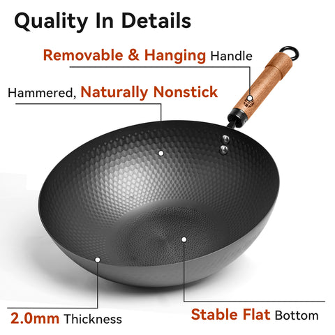 WANGYUANJI 12.6-Inch Wok Pan with Lid, Flat Bottom Wok with Detachable Wooden Handle, Compatible with All Stovetops