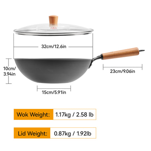 WANGYUANJI 12.6 Inch Iron Wok with Glass Lid, Flat Bottom Stir Fry Pan with Wooden Handle, Non-Coated Naturally Nonstick Skillet, Traditional Chinese Wok for Gas, Electric & Induction Cooking