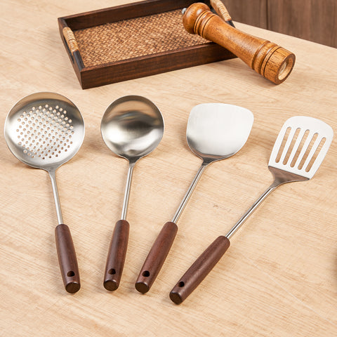 WANGYUANJI 4-Piece Stainless Steel Kitchen Utensil Set with Wooden Handle, Cooking Spoon, Slotted Turner, Skimmer, Stir Fry Spatula, Safe for Nonstick Cookware