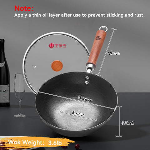 WANGYUANJI 10.2 Inch Cast Iron Wok with Lid, Flat Bottom Stir Fry wok with Wooden Handle, Non-Coated Small Skillet for Gas, Induction & Open Flame Cooking