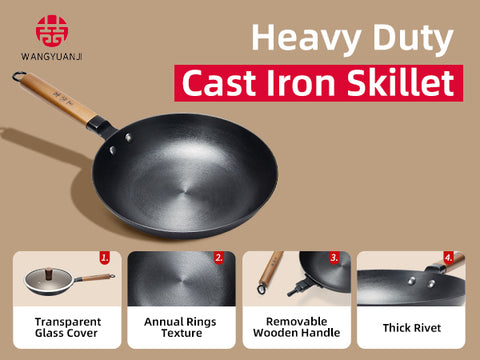 10.2" Lightweight Cast Iron Skillet,Plant Oil Pre-treated Non-stick Frying Pan with Detachable Wooden Handle,Non-toxic,Dishwasher Oven Safe (500°F)