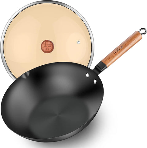 WANGYUANJI 11-Inch Hand-Forged Wrought Iron Flat Bottom Wok, Lightweight Non-Coated Chinese Stir Fry Pan for Gas & Induction Cooktops