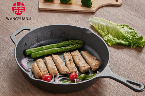 WANGYUANJI 10-Inch Cast Iron Grill Pan with Oil Brush and Spatula