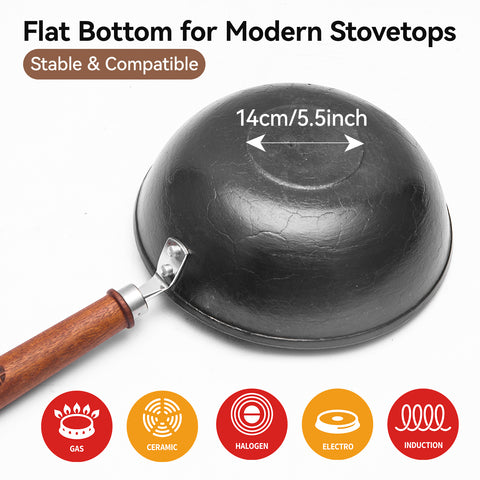 WANGYUANJI 9.5 Inch Cast Iron Wok with Glass Lid – Small Flat Bottom Stir Fry Pan with Wooden Handle, Non-Coated Cookware for Gas & Open Flame