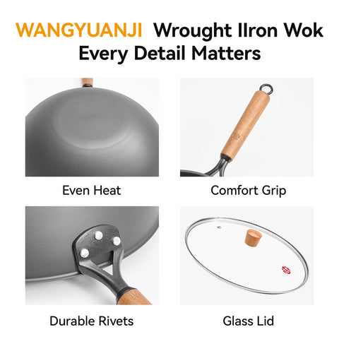 WANGYUANJI 12.6 Inch Iron Wok with Glass Lid, Flat Bottom Stir Fry Pan with Wooden Handle, Non-Coated Naturally Nonstick Skillet, Traditional Chinese Wok for Gas, Electric & Induction Cooking