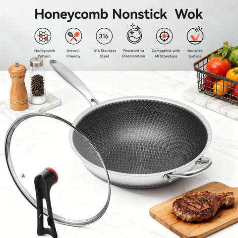WANGYUANJI 12.6-Inch Honeycomb Nonstick Stainless Steel Wok with Glass Lid – Stir-Fry Pan for Induction & Gas Stove