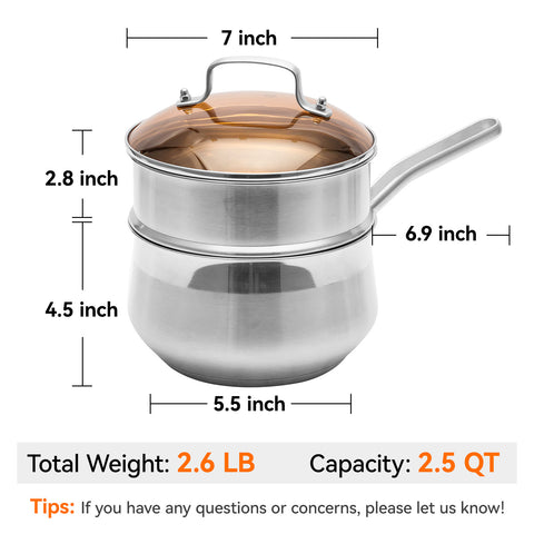 WANGYUANJI 2.5 QT Stainless Steel Saucepan with Steamer Insert – 2-in-1 Cooking Pot, Tri-Ply Heat Base, Tempered Glass Lid, Induction Ready