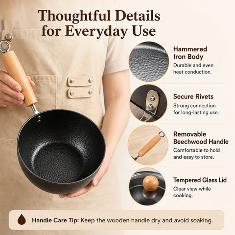 WANGYUANJI 7.1 Inch Hammered Cast Iron Saucepan with Glass Lid, Removable Beechwood Handle, Small Milk Pot for Boiling, Simmering, Heating – Non-Coated, Stovetop Compatible