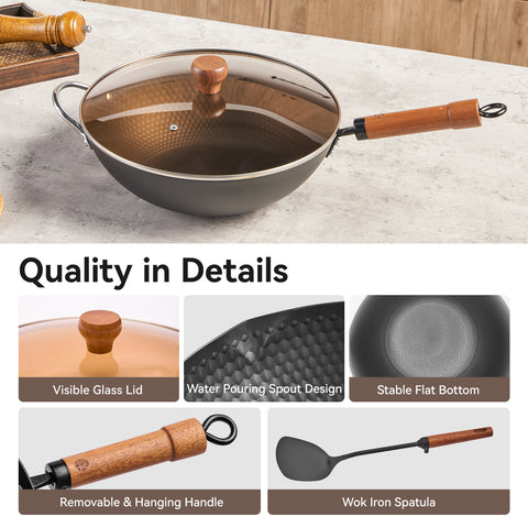 WANGYUANJI 12.6" Iron Wok with Lid and Iron Spatula, Nonstick Flat Bottom Stir Fry Pan for Induction, Gas & Electric Stovetops
