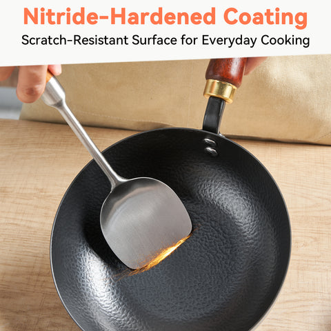 WANGYUANJI 8 Inch Hammered Iron Stir Fry Pan for 1–2 Servings, Removable Beechwood Handle, Traditional Small Wok for Searing, Sautéing, Stir-Frying – Non-Coated, Stovetop Compatible