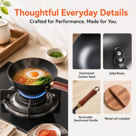 WANGYUANJI 8 Inch Hammered Iron Stir Fry Pan for 1–2 Servings, Removable Beechwood Handle, Traditional Small Wok for Searing, Sautéing, Stir-Frying – Non-Coated, Stovetop Compatible