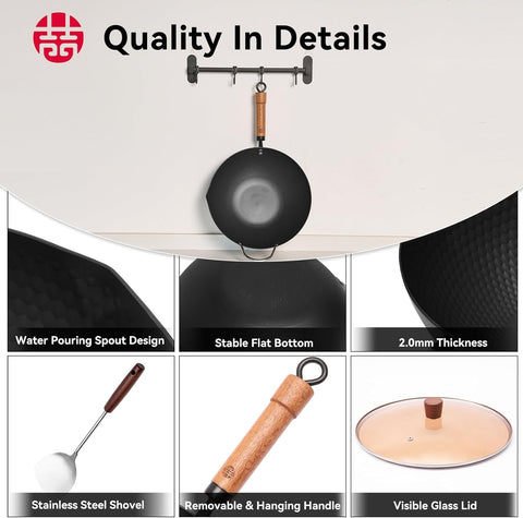WANGYUANJI 12.6" Wok with Lid, Flat Bottom Nonstick Wok Pan for Induction Cooktop, Stir Fry Woks & Pans for Cooking