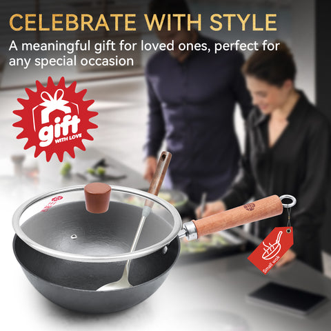 WANGYUANJI 10.2 Inch Cast Iron Wok with Lid, Flat Bottom Stir Fry wok with Wooden Handle, Non-Coated Small Skillet for Gas, Induction & Open Flame Cooking