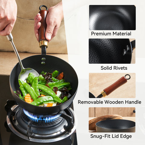 WANGYUANJI 8 Inch Hammered Iron Stir Fry Pan for 1–2 Servings, Removable Beechwood Handle, Traditional Small Wok for Searing, Sautéing, Stir-Frying – Non-Coated, Stovetop Compatible