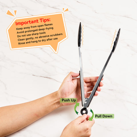 WANGYUANJI 13.4-Inch Stainless Steel Food Tongs with Silicone Tips, Locking BBQ Tongs for Cooking, Grilling, Salad, and Steak – Heat Resistant, Non-Slip Grip, Dishwasher Safe