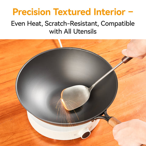 WANGYUANJI 12.6 Inch Iron Wok with Glass Lid, Flat Bottom Stir Fry Pan with Wooden Handle, Non-Coated Naturally Nonstick Skillet, Traditional Chinese Wok for Gas, Electric & Induction Cooking