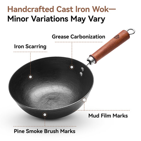 WANGYUANJI 9.5 Inch Cast Iron Wok with Glass Lid – Small Flat Bottom Stir Fry Pan with Wooden Handle, Non-Coated Cookware for Gas & Open Flame