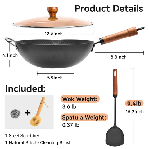 WANGYUANJI 12.6" Iron Wok with Lid and Iron Spatula, Nonstick Flat Bottom Stir Fry Pan for Induction, Gas & Electric Stovetops