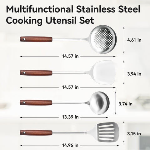 WANGYUANJI 4-Piece Stainless Steel Kitchen Utensil Set with Wooden Handle, Cooking Spoon, Slotted Turner, Skimmer, Stir Fry Spatula, Safe for Nonstick Cookware
