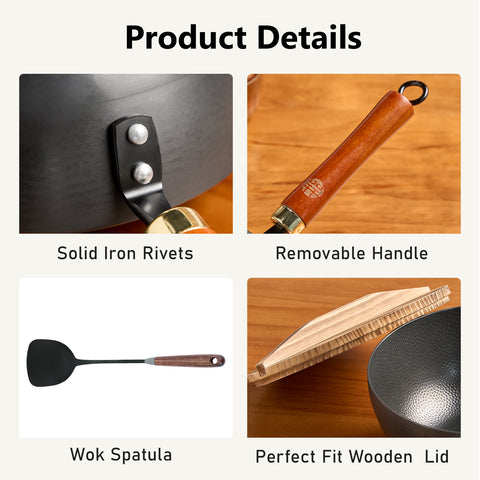 WANGYUANJI Iron Wok 8.7 Inch Deep Frying Skillet with Wooden Lid – Versatile Flat Bottom Stir-Fry Pan, Chemical-Free & Induction Compatible, Ideal Wrought Iron Small Wok for Home, Chef & Pro Use
