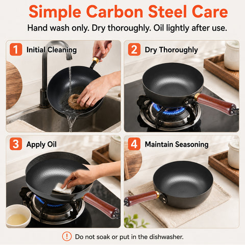 WANGYUANJI 8 Inch Hammered Iron Stir Fry Pan for 1–2 Servings, Removable Beechwood Handle, Traditional Small Wok for Searing, Sautéing, Stir-Frying – Non-Coated, Stovetop Compatible