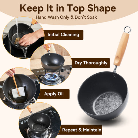 WANGYUANJI 7.1 Inch Hammered Cast Iron Saucepan with Glass Lid, Removable Beechwood Handle, Small Milk Pot for Boiling, Simmering, Heating – Non-Coated, Stovetop Compatible