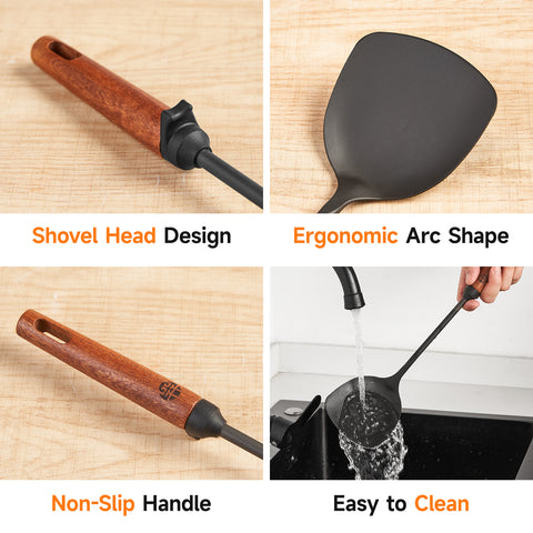 WANGYUANJI 15.2" Chinese Iron Wok Spatula – Traditional Carbon Steel Spatula with Wooden Handle for Stir-Fry Cooking, Coatless Healthy Design