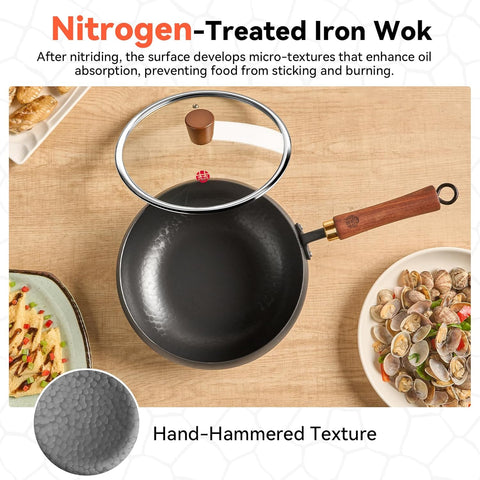 WANGYUANJI 9.5-Inch Wok Pan with Lid – Handmade Round Cooking Wok, Deep Frying Pan with Detachable Wooden Handle, No Chemical Coated Wok Flat Bottom for Induction & Gas Stoves