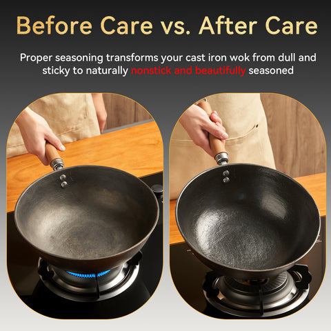 WANGYUANJI 10.2 Inch Cast Iron Wok with Lid, Flat Bottom Stir Fry wok with Wooden Handle, Non-Coated Small Skillet for Gas, Induction & Open Flame Cooking