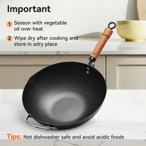 WANGYUANJI 12.6" Iron Wok with Lid and Iron Spatula, Nonstick Flat Bottom Stir Fry Pan for Induction, Gas & Electric Stovetops