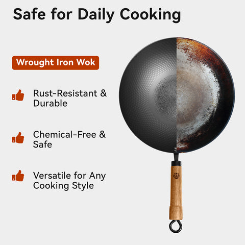 WANGYUANJI 12.6-Inch Wok Pan with Lid, Flat Bottom Wok with Detachable Wooden Handle, Compatible with All Stovetops