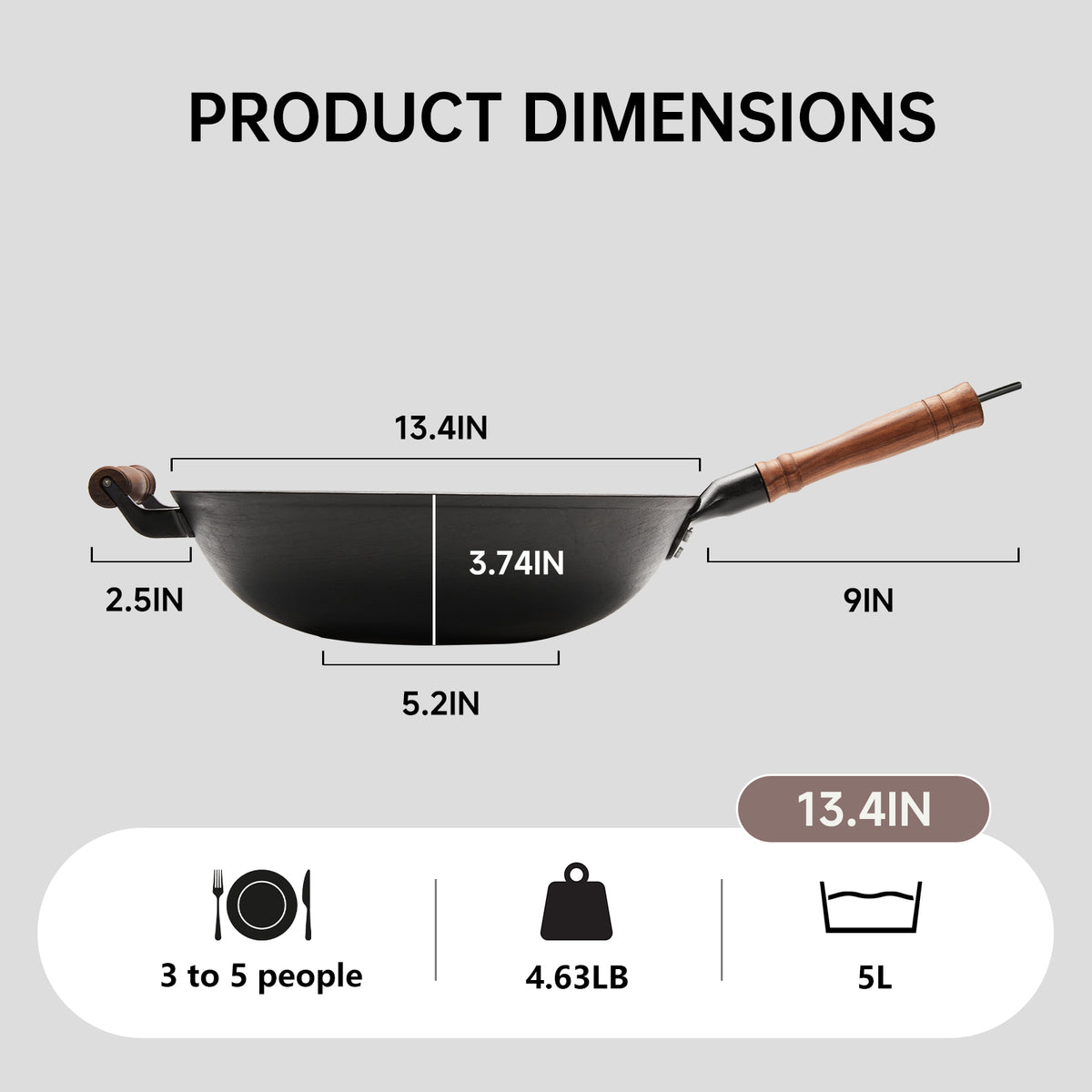 WANGYUANJI Cast Iron Wok with Lid and Wooden Handle – 14.2, 13.4, 12.6 Inch Large Flat Bottom Stir Fry Pan – Uncoated Craft Wok for Healthy Cooking – Compatible with All Stovetops