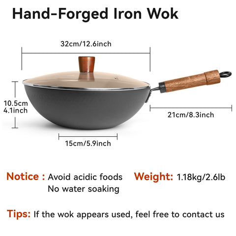 WANGYUANJI 12.6-Inch Wok Pan with Lid, Flat Bottom Wok with Detachable Wooden Handle, Compatible with All Stovetops
