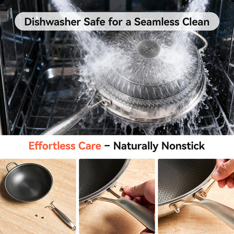 WANGYUANJI 12.6-Inch Honeycomb Nonstick Stainless Steel Wok with Glass Lid – Stir-Fry Pan for Induction & Gas Stove