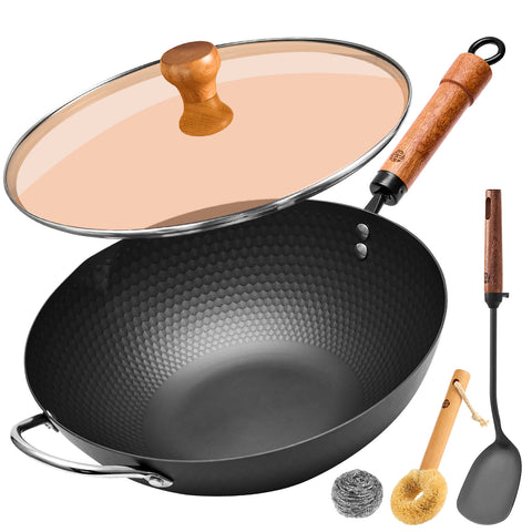 WANGYUANJI 12.6" Iron Wok with Lid and Iron Spatula, Nonstick Flat Bottom Stir Fry Pan for Induction, Gas & Electric Stovetops