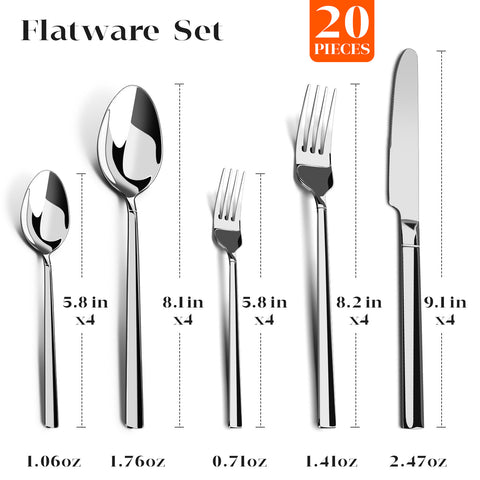 WANGYUANJI 20-Piece Stainless Steel Flatware Set for 4 — 4 Knives, 4 Dinner Forks, 4 Salad Forks, 4 Spoons & 4 Teaspoons, Mirror-Finish, Dishwasher Safe