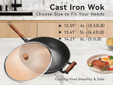 WANGYUANJI Cast Iron Wok with Lid and Wooden Handle – 14.2, 13.4, 12.6 Inch Large Flat Bottom Stir Fry Pan – Uncoated Craft Wok for Healthy Cooking – Compatible with All Stovetops