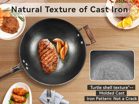 WANGYUANJI Cast Iron Wok with Lid and Wooden Handle – 14.2, 13.4, 12.6 Inch Large Flat Bottom Stir Fry Pan – Uncoated Craft Wok for Healthy Cooking – Compatible with All Stovetops